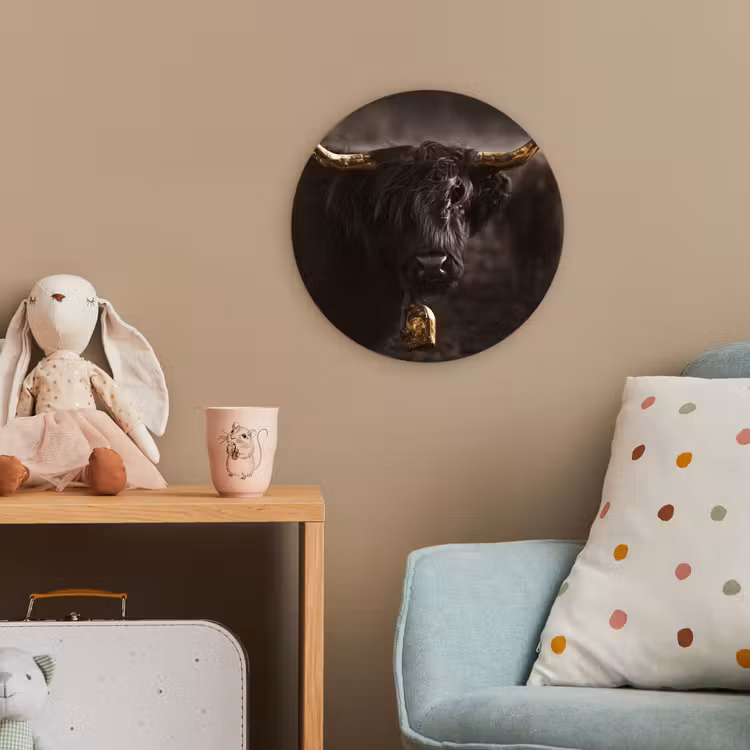 Schotse hooglander - Goud - Koebel - Hoorns - Dieren Wandcirkel kunststof plaat 5mm dik klein -tsfeer1_kind
