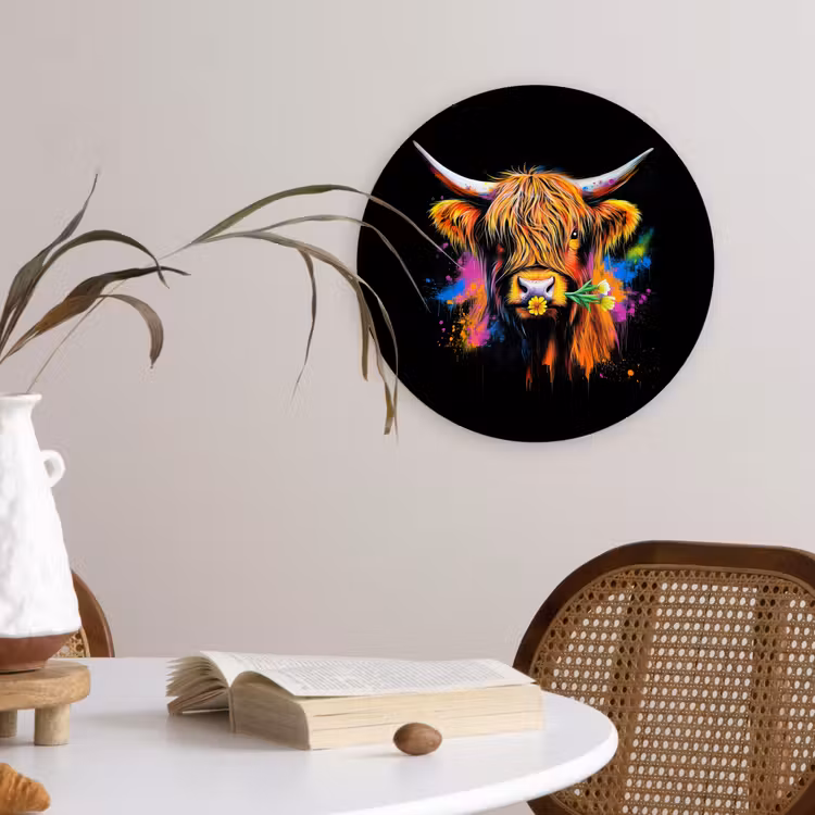 Schotse Hooglander - Graffiti - Kleurrijk - Bloem - Dieren Wandcirkel kunststof plaat 5mm dik klein -sfeer4