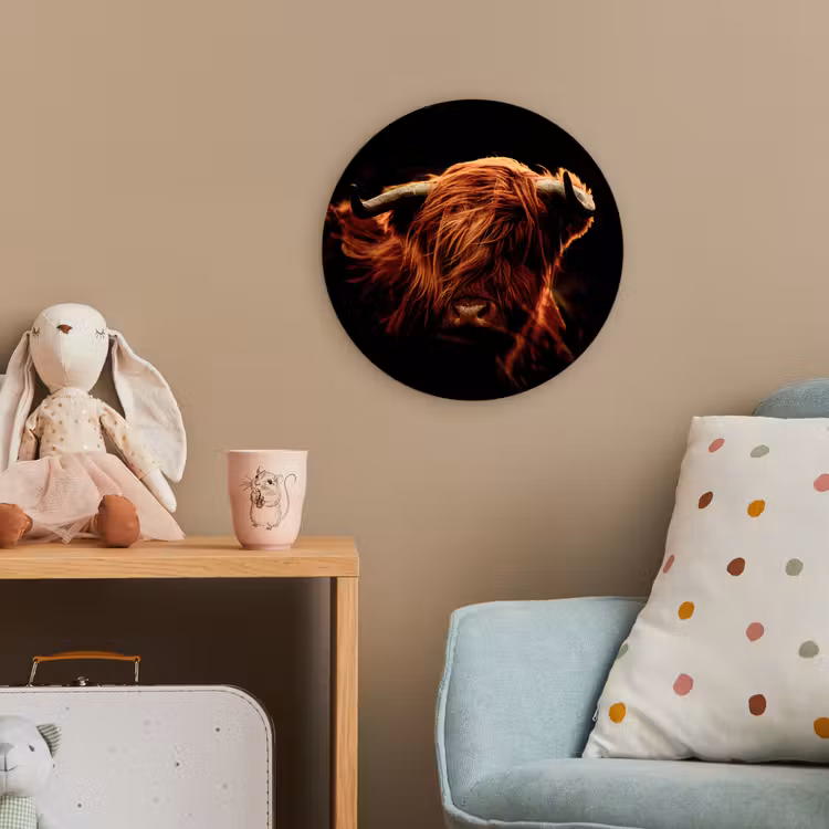 Schotse hooglander - Koe - Hoorns - Portret - Dieren Wandcirkel kunststof plaat 5mm dik klein -tsfeer1_kind