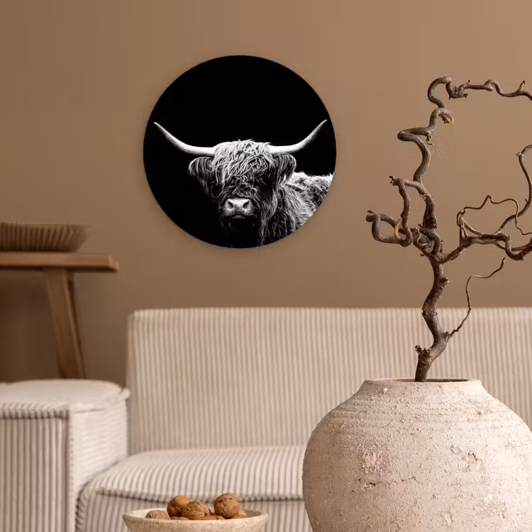 Schotse Hooglander - Koe - Zwart - Wit - Dieren Wandcirkel kunststof plaat 5mm dik klein -sfeer1