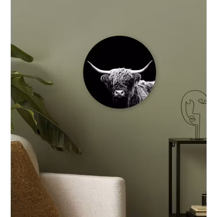 Schotse Hooglander - Koe - Zwart - Wit - Dieren Wandcirkel kunststof plaat 5mm dik klein -sfeer3