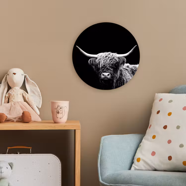 Schotse Hooglander - Koe - Zwart - Wit - Dieren Wandcirkel kunststof plaat 5mm dik klein -tsfeer1_kind