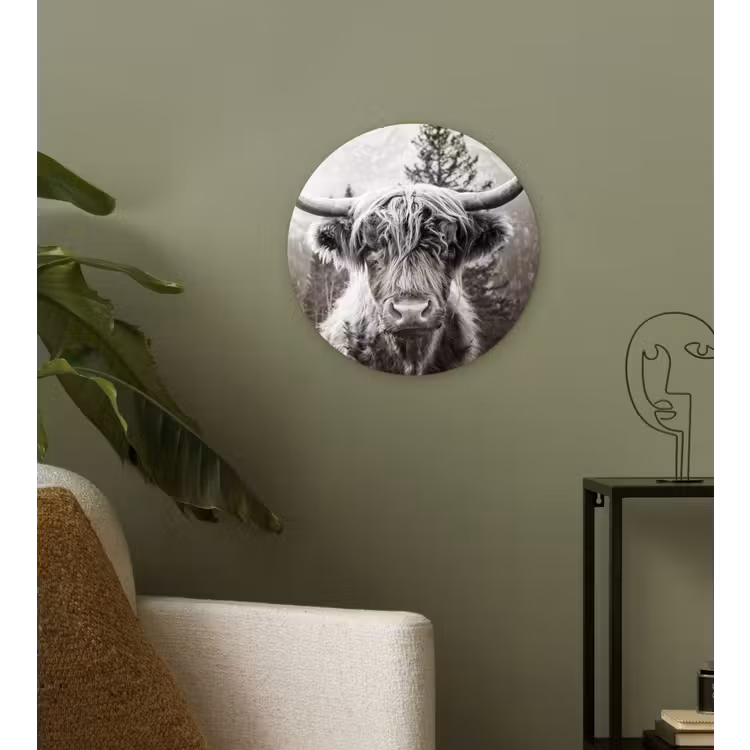 Schotse hooglander - Koe - Dieren - Zwart - Wit Wandcirkel kunststof plaat 5mm dik klein -sfeer3