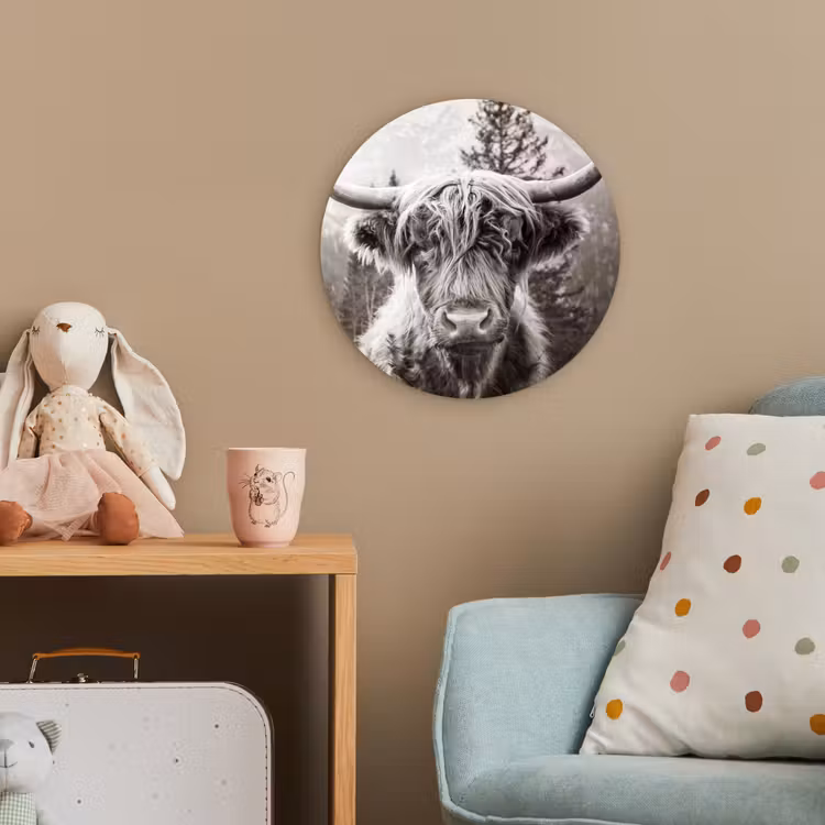 Schotse hooglander - Koe - Dieren - Zwart - Wit Wandcirkel kunststof plaat 5mm dik klein -tsfeer1_kind