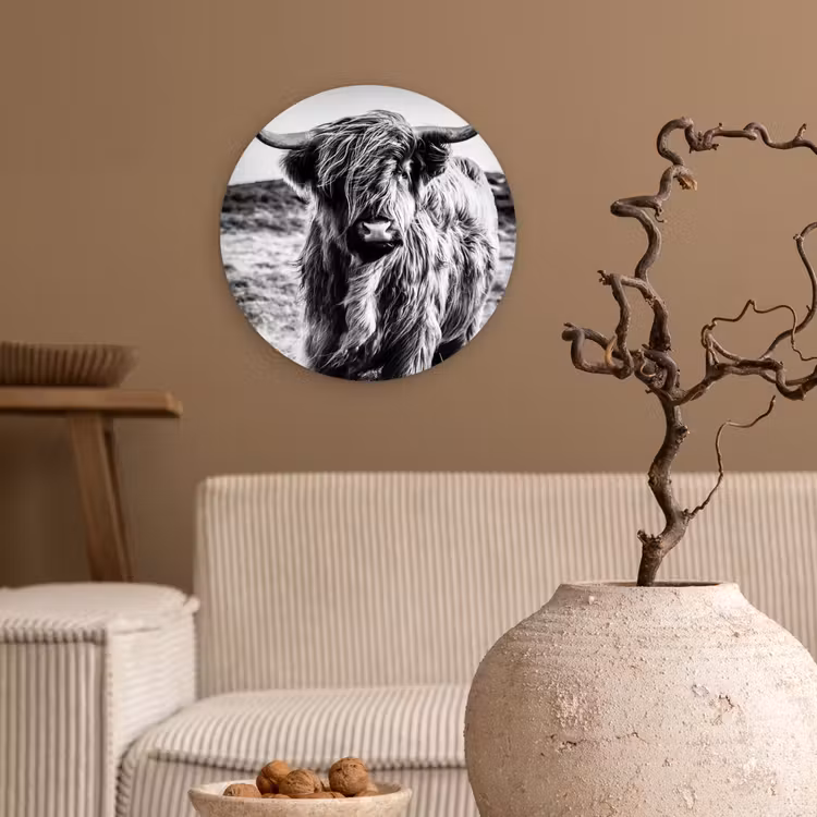 Schotse hooglander - Natuur - Koe - Zwart - Wit Wandcirkel kunststof plaat 5mm dik klein -sfeer1