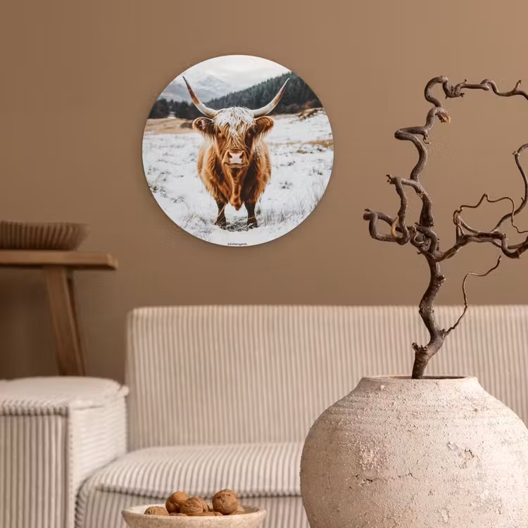 Schotse Hooglander - Sneeuw - Winter - Dieren Wandcirkel kunststof plaat 5mm dik klein -sfeer1