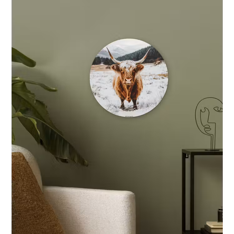 Schotse Hooglander - Sneeuw - Winter - Dieren Wandcirkel kunststof plaat 5mm dik klein -sfeer3