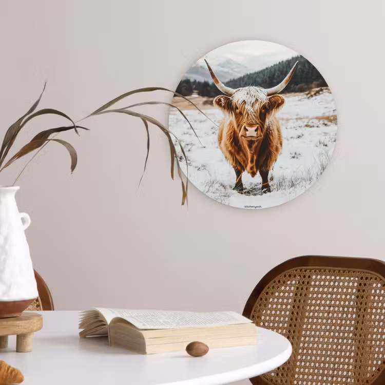 Schotse Hooglander - Sneeuw - Winter - Dieren Wandcirkel kunststof plaat 5mm dik klein -sfeer4