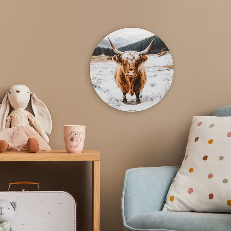 Schotse Hooglander - Sneeuw - Winter - Dieren Wandcirkel kunststof plaat 5mm dik klein -tsfeer1_kind