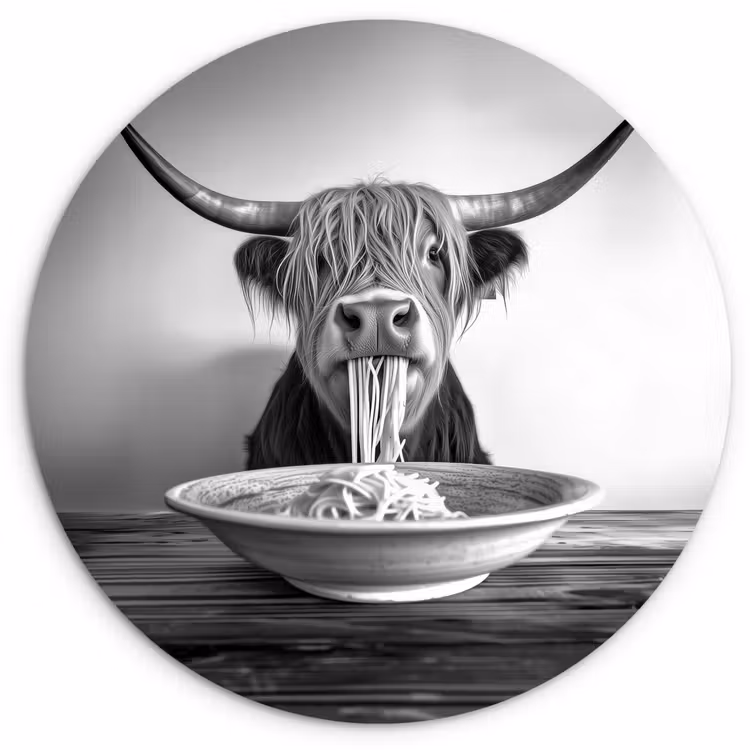 Schotse Hooglander - Spaghetti - Dieren - Zwart wit Wandcirkel kunststof plaat 5mm dik klein -3d