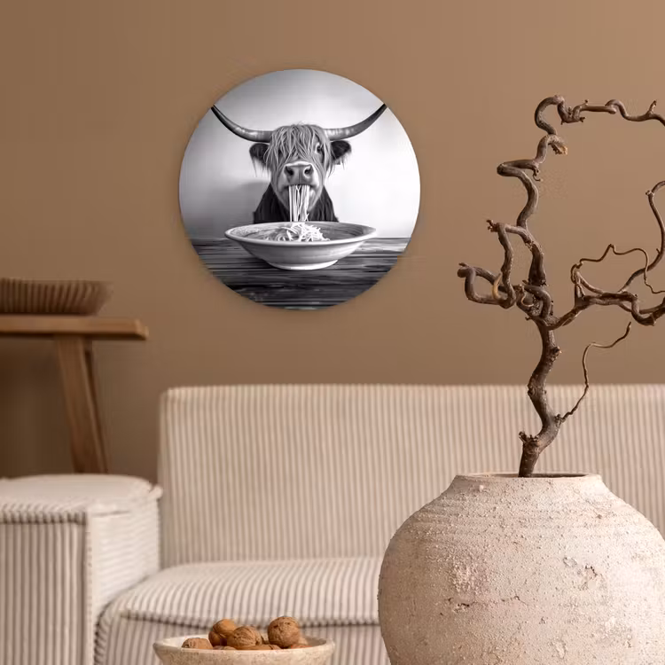 Schotse Hooglander - Spaghetti - Dieren - Zwart wit Wandcirkel kunststof plaat 5mm dik klein -sfeer1