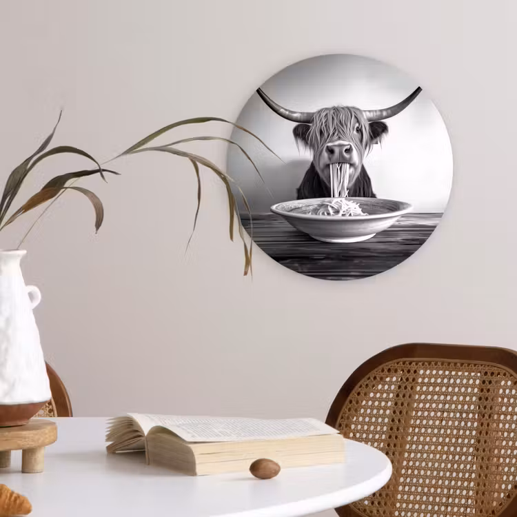 Schotse Hooglander - Spaghetti - Dieren - Zwart wit Wandcirkel kunststof plaat 5mm dik klein -sfeer4