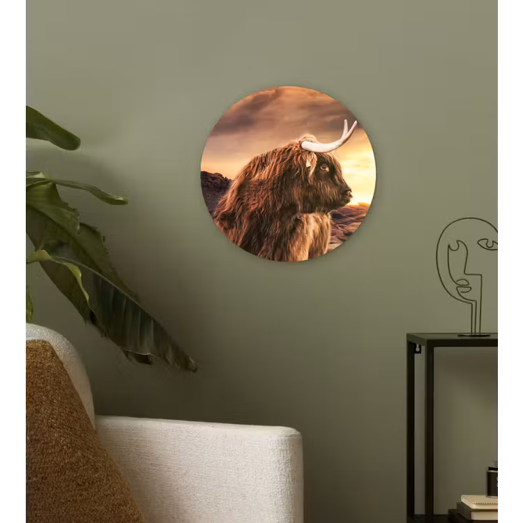 Schotse hooglander - Zon - Horizon - Koe - Dieren Wandcirkel kunststof plaat 5mm dik klein -sfeer3