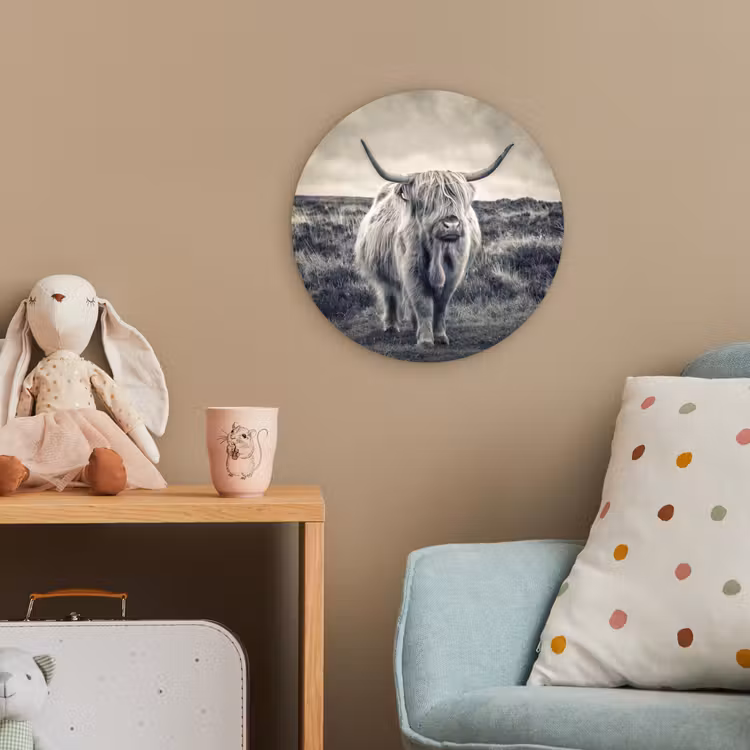 Schotse hooglander - Dieren - Wolken - Koe - Natuur Wandcirkel kunststof plaat 5mm dik klein -tsfeer1_kind