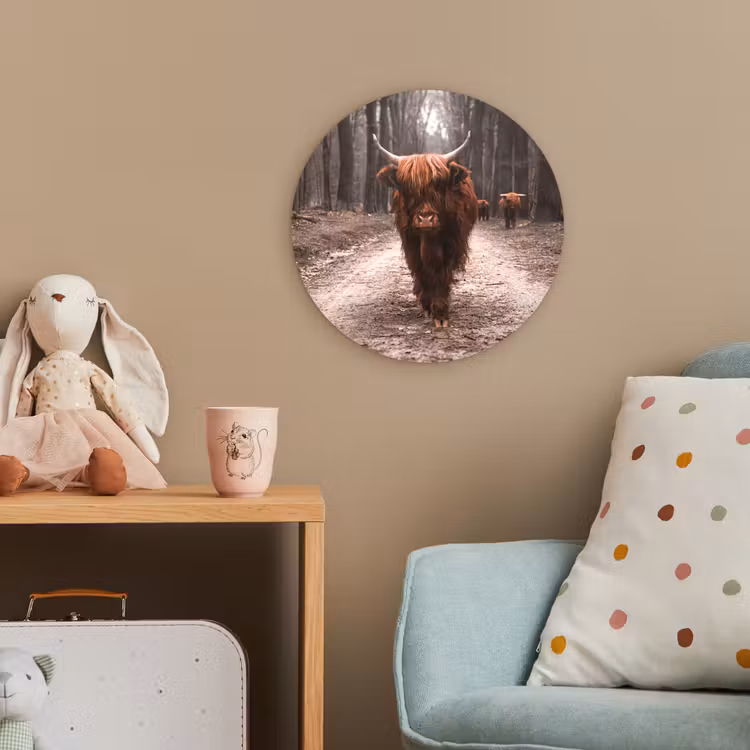 Schotse hooglander - Bos - Koe - Dieren - Natuur Wandcirkel kunststof plaat 5mm dik klein -tsfeer1_kind