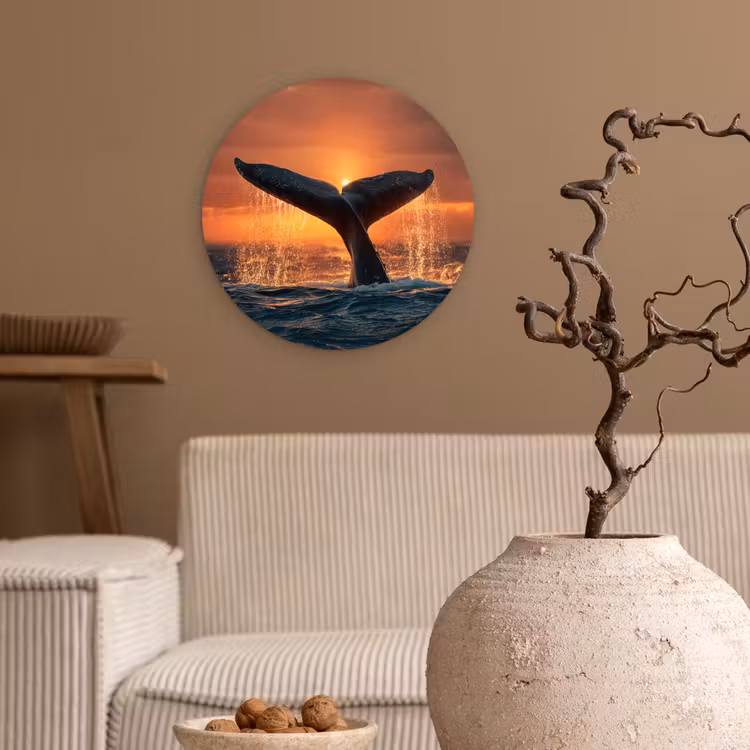 Walvis staart - Water - Zonsondergang Wandcirkel kunststof plaat 5mm dik klein -sfeer1
