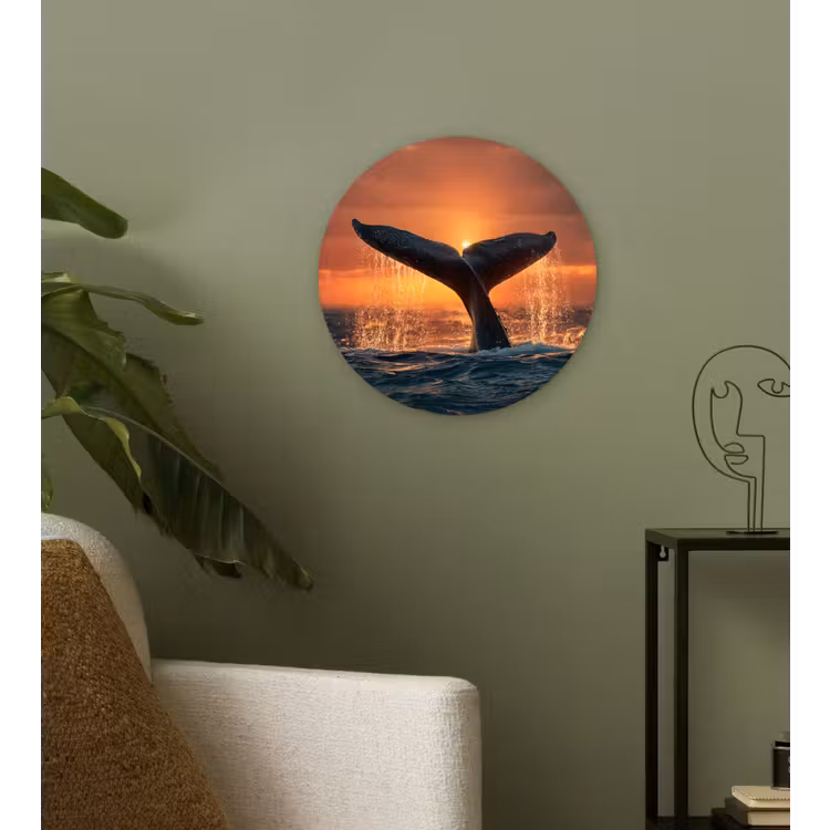 Walvis staart - Water - Zonsondergang Wandcirkel kunststof plaat 5mm dik klein -sfeer3