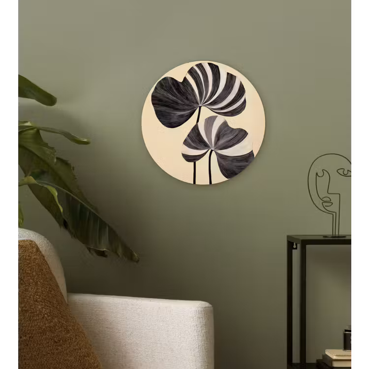 Zwart - Bladeren - Strepen - Minimalistisch Wandcirkel kunststof plaat 5mm dik klein -sfeer3