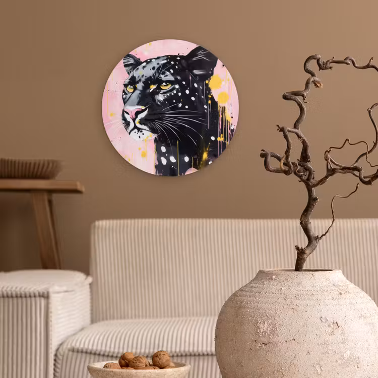 Zwart - Panter - Roze - Abstract Wandcirkel kunststof plaat 5mm dik klein -sfeer1