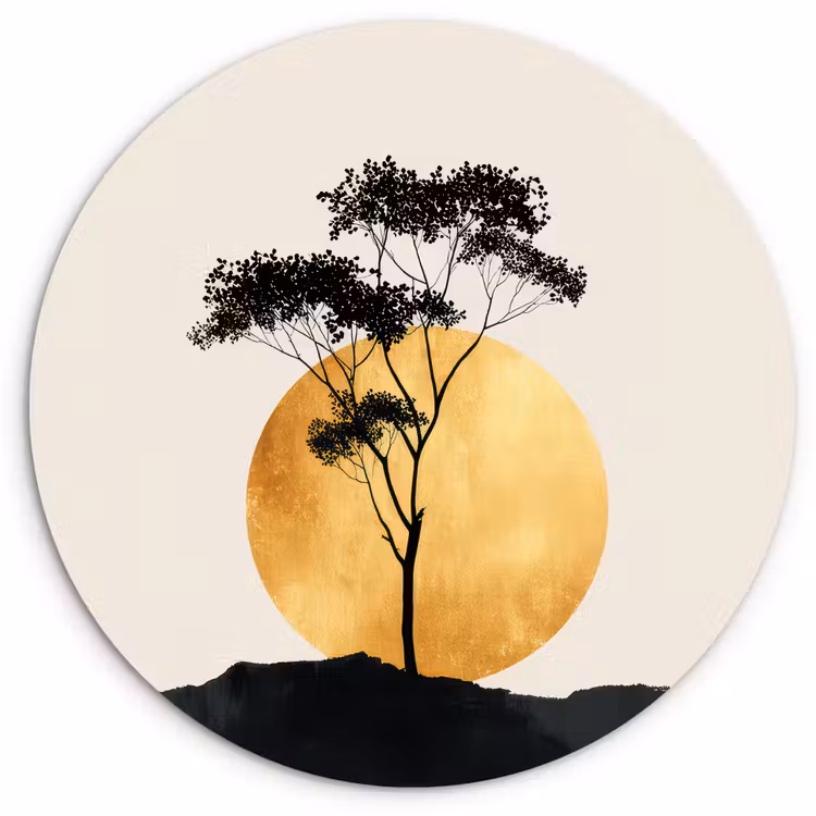 Zwarte boom - Gouden cirkel - Heuvel Wandcirkel kunststof plaat 5mm dik klein -3d