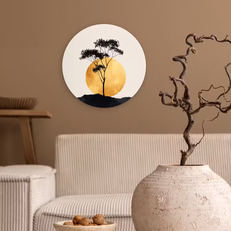 Zwarte boom - Gouden cirkel - Heuvel Wandcirkel kunststof plaat 5mm dik klein -sfeer1