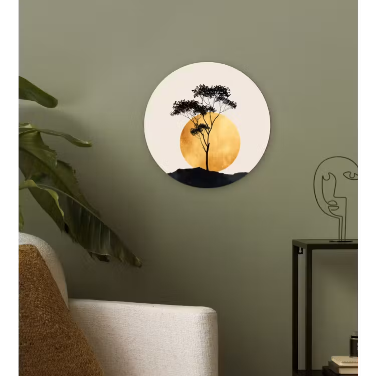 Zwarte boom - Gouden cirkel - Heuvel Wandcirkel kunststof plaat 5mm dik klein -sfeer3