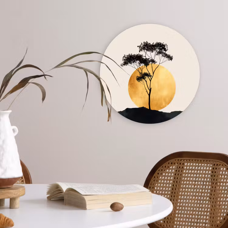Zwarte boom - Gouden cirkel - Heuvel Wandcirkel kunststof plaat 5mm dik klein -sfeer4