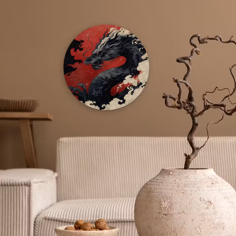 Zwarte draak - Rookwolken - Rood Wandcirkel kunststof plaat 5mm dik klein -sfeer1