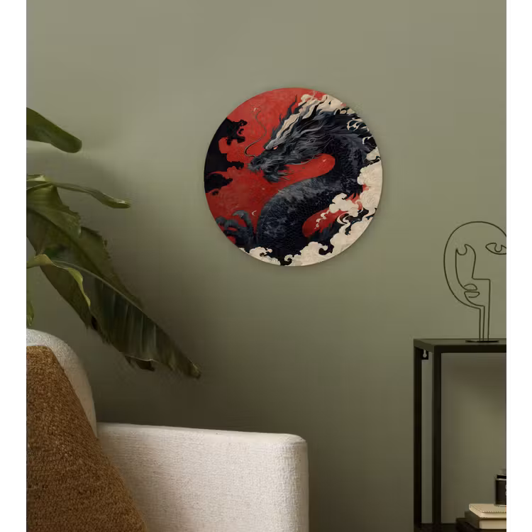 Zwarte draak - Rookwolken - Rood Wandcirkel kunststof plaat 5mm dik klein -sfeer3