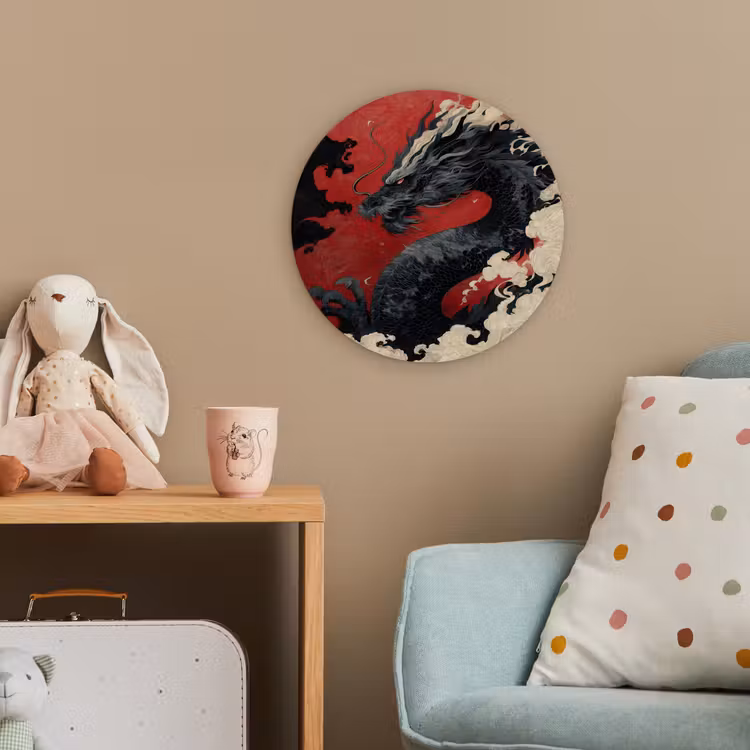Zwarte draak - Rookwolken - Rood Wandcirkel kunststof plaat 5mm dik klein -tsfeer1_kind
