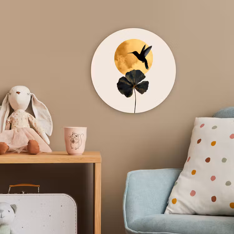 Zwarte kolibrie - Bloem - Gouden cirkel Wandcirkel kunststof plaat 5mm dik klein -tsfeer1_kind