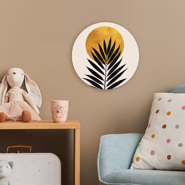 Zwart palmblad - Gouden cirkel - Beige achtergrond Wandcirkel kunststof plaat 5mm dik klein -tsfeer1_kind