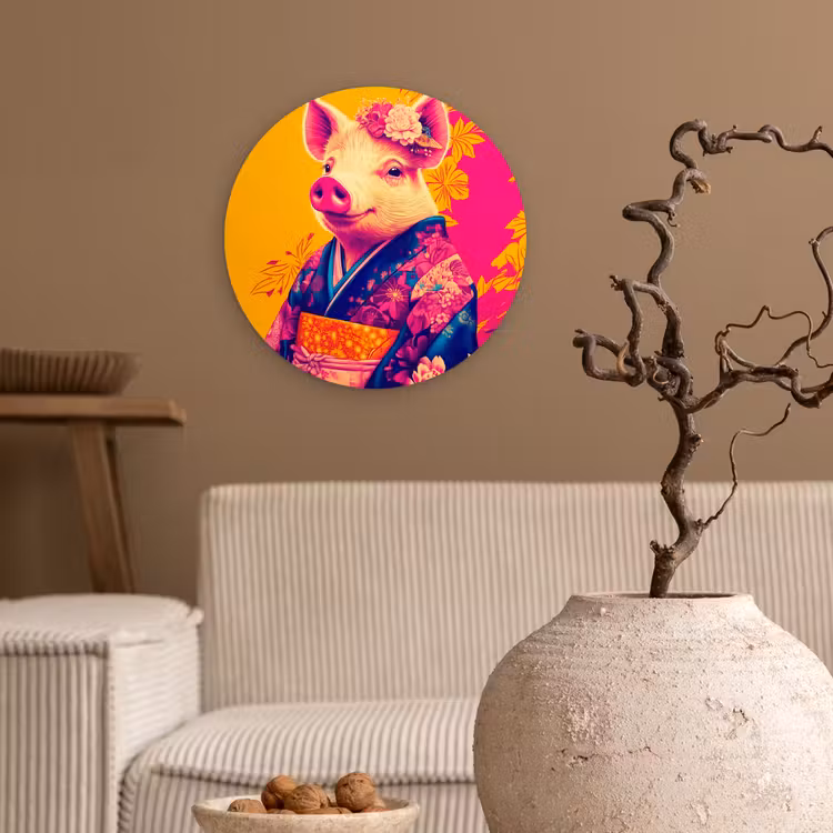 Varken - Bloemkroon - Kimono - Abstract Wandcirkel kunststof plaat 5mm dik klein -sfeer1