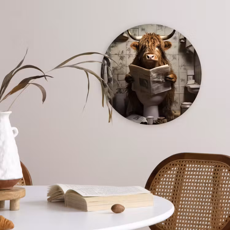 Schotse hooglander - Toilet - Krant - Badkamer Wandcirkel kunststof plaat 5mm dik klein -sfeer4