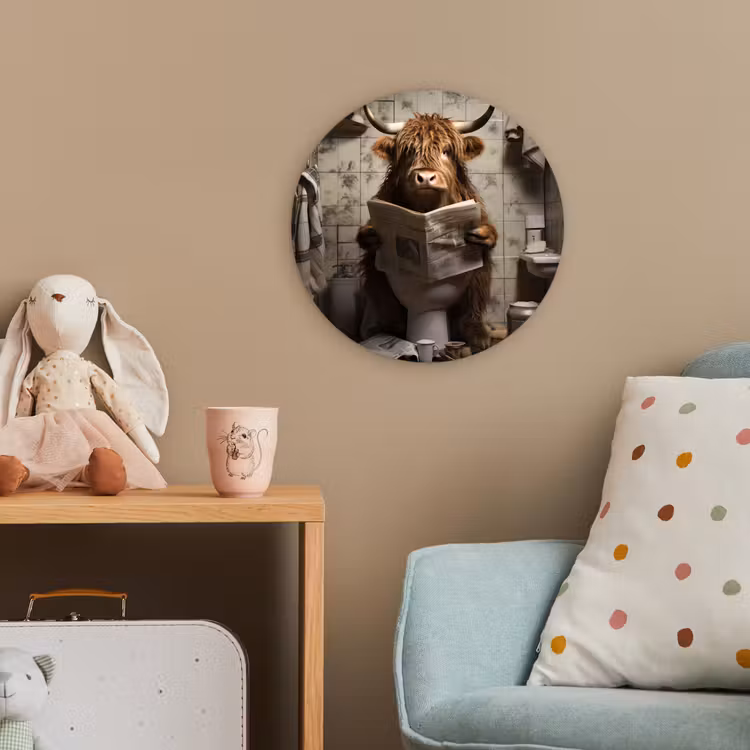 Schotse hooglander - Toilet - Krant - Badkamer Wandcirkel kunststof plaat 5mm dik klein -tsfeer1_kind