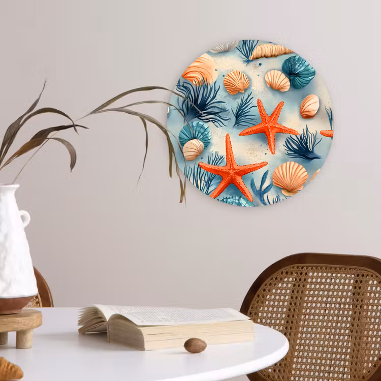Zeesterren - Schelpen - Illustratie - Zand Wandcirkel kunststof plaat 5mm dik klein -sfeer4