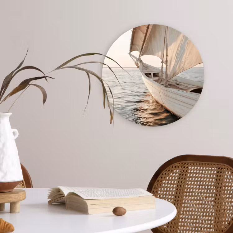 Zeilboot - Zee - Beige - Zon Wandcirkel kunststof plaat 5mm dik klein -sfeer4