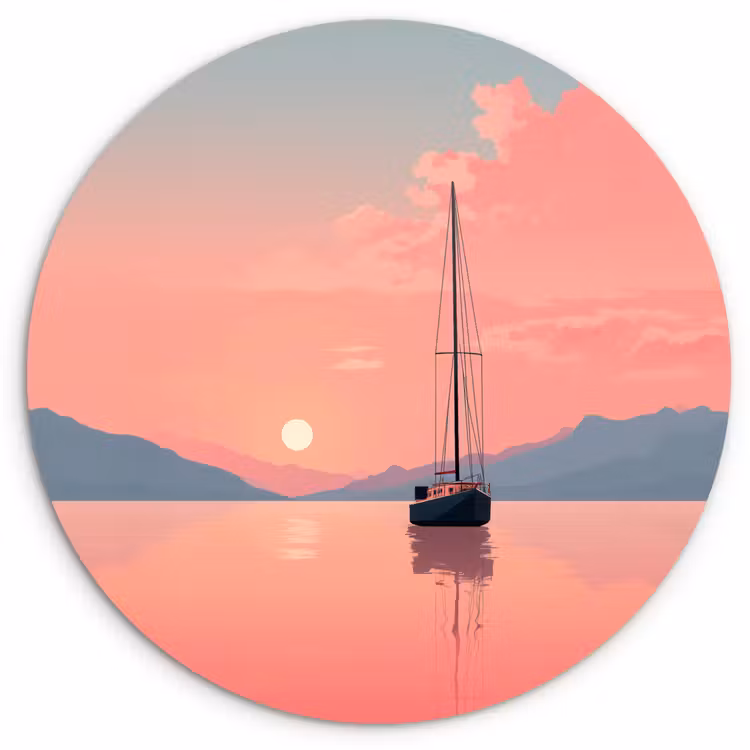 Zeilboot - Roze zee - Zonsondergang - Bergen Wandcirkel kunststof plaat 5mm dik klein -3d