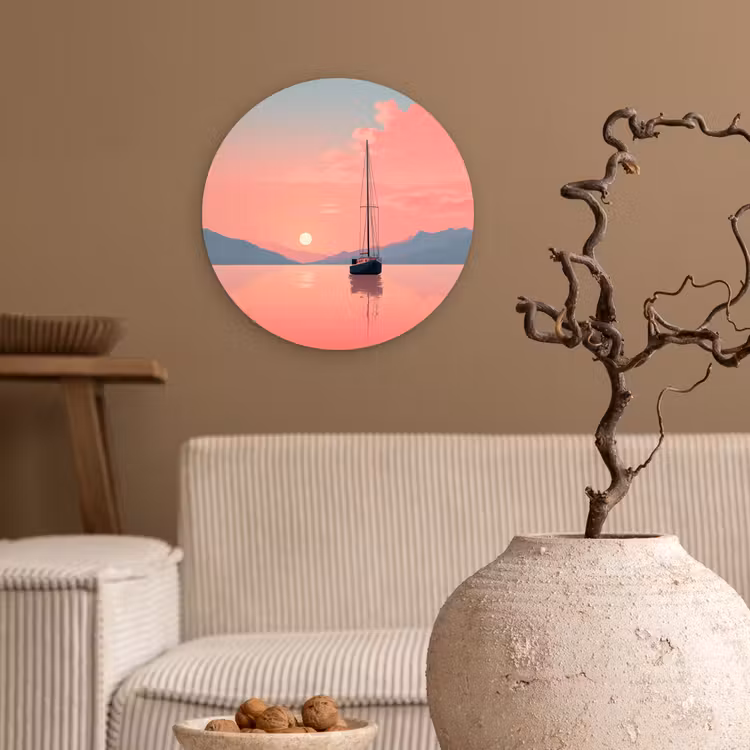 Zeilboot - Roze zee - Zonsondergang - Bergen Wandcirkel kunststof plaat 5mm dik klein -sfeer1