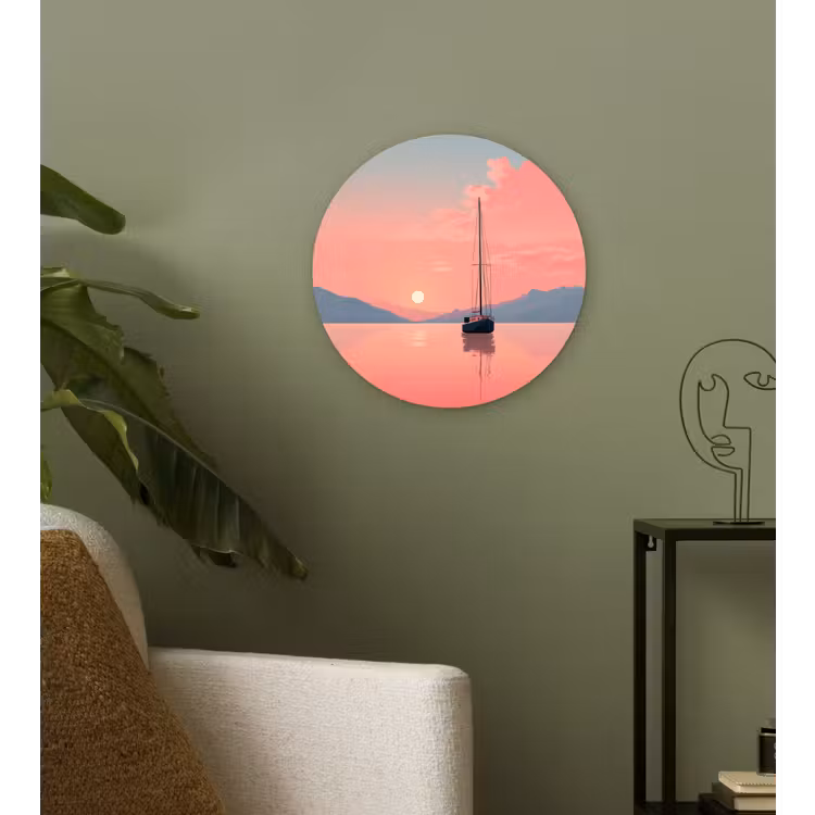 Zeilboot - Roze zee - Zonsondergang - Bergen Wandcirkel kunststof plaat 5mm dik klein -sfeer3