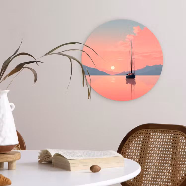 Zeilboot - Roze zee - Zonsondergang - Bergen Wandcirkel kunststof plaat 5mm dik klein -sfeer4