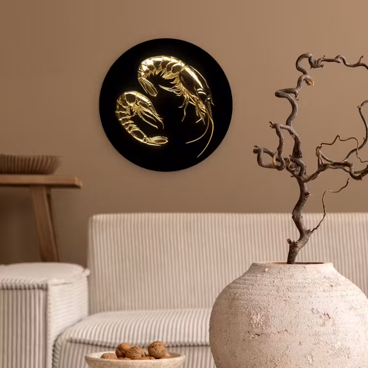 Garnalen - Zwart - Goud - Dieren Wandcirkel kunststof plaat 5mm dik klein -sfeer1