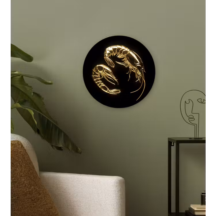 Garnalen - Zwart - Goud - Dieren Wandcirkel kunststof plaat 5mm dik klein -sfeer3