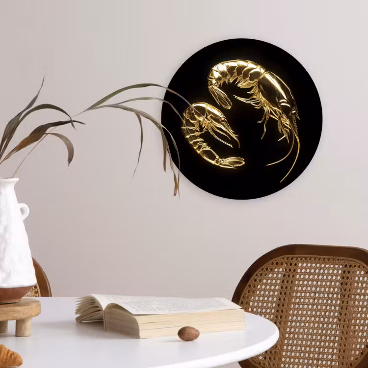 Garnalen - Zwart - Goud - Dieren Wandcirkel kunststof plaat 5mm dik klein -sfeer4