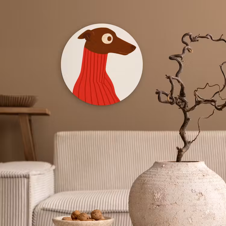 Silhouet - Hond - Trui - Rood Wandcirkel kunststof plaat 5mm dik klein -sfeer1