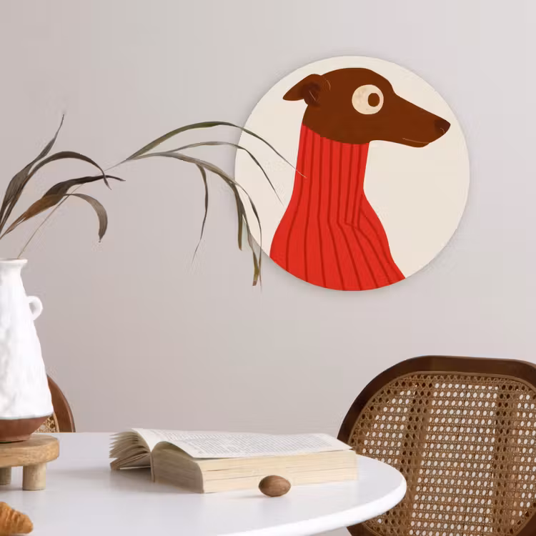 Silhouet - Hond - Trui - Rood Wandcirkel kunststof plaat 5mm dik klein -sfeer4