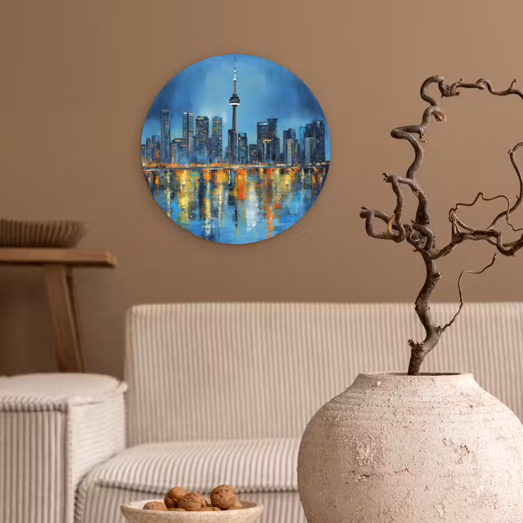 Skyline Toronto - Water - Stadslichten - Toren Wandcirkel kunststof plaat 5mm dik klein -sfeer1