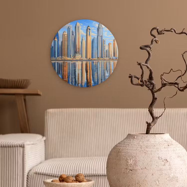 Skyline - Wolkenkrabbers - Water - Blauw Wandcirkel kunststof plaat 5mm dik klein -sfeer1