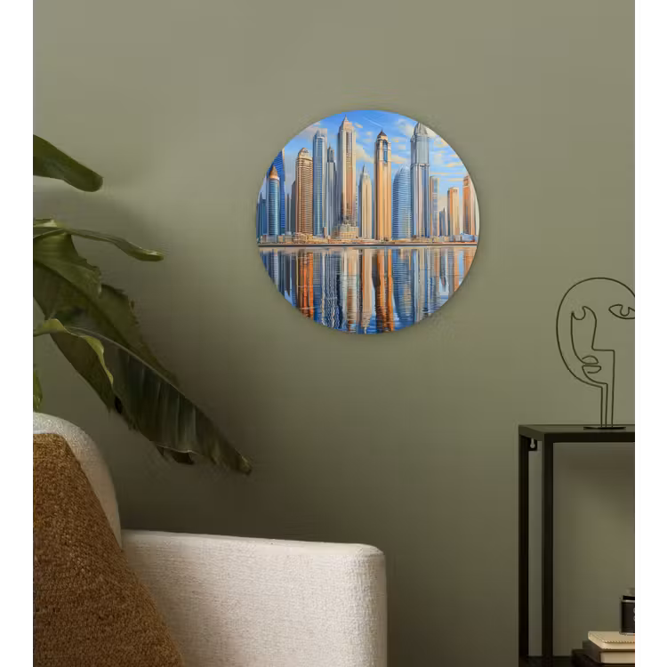 Skyline - Wolkenkrabbers - Water - Blauw Wandcirkel kunststof plaat 5mm dik klein -sfeer3