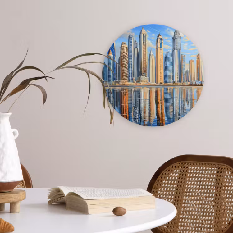 Skyline - Wolkenkrabbers - Water - Blauw Wandcirkel kunststof plaat 5mm dik klein -sfeer4